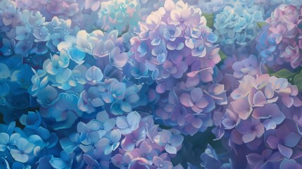 Hydrangeas cluster in a burst of blues and purples, their soft edges blurring like a gentle pastel fog, kawaii, bright water color