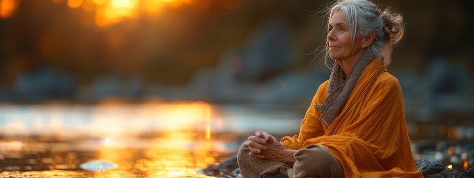 old woman meditation. find balance, mental, physical health. holistic health practices, take care, enjoying the moment, slow life concept. banner