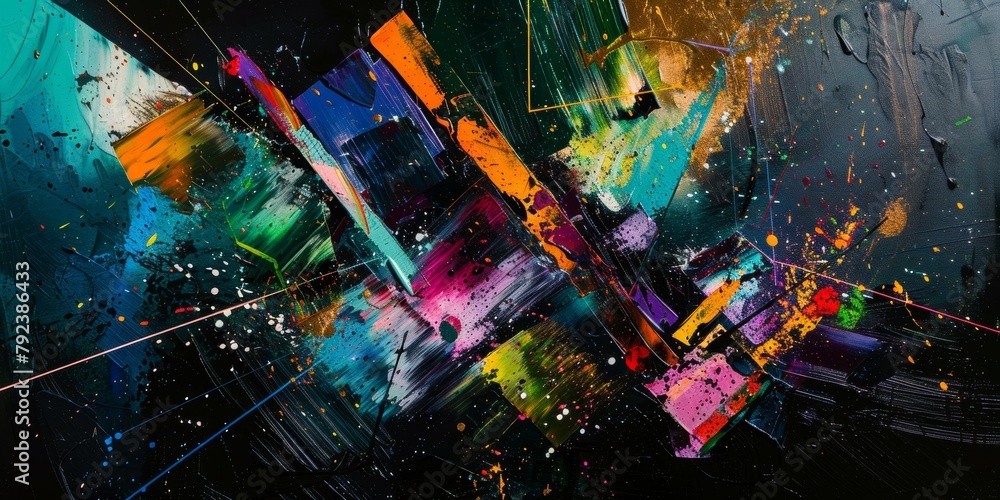 Poster vibrant abstract acrylic painting with dynamic splashes of color, evoking creativity and artistic ex