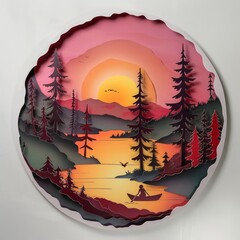 A papercut landscape unfolds a crystalclear lake reflects the vibrant pinks and oranges of a setting sun In the foreground, a papercut canoe, paddled by a tiny figure, glides peacefully towards a camp