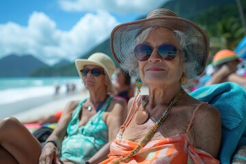 old women relaxing on the beach. travel, vacation, relax concept.