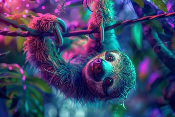 Naklejka premium A playful neon sloth, its fur glowing a calming emerald green, hangs upside down from a neon jungle vine Its slowmotion smile hints at a hidden mischievous streak, a vibrant splash of personality in t