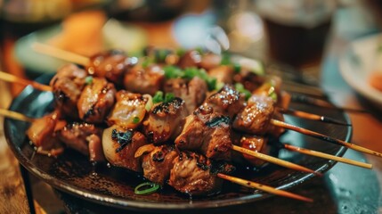 A plate of yakitori skewers grilled to perfection, served with a side of tare sauce