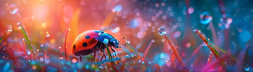 A tiny neon ladybug, its shell a vibrant neon orange with neon black spots, crawls across a neon blade of grass The dewdrop clinging to its back shimmers with neon blue light, a miniature beacon in th