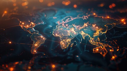 World map with glowing connections, illustrating global connectivity
