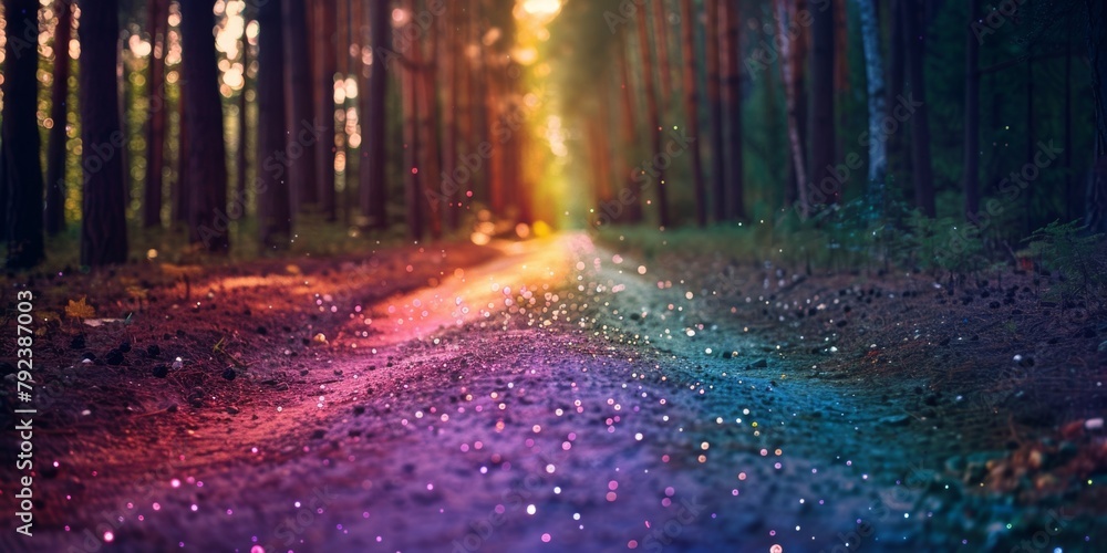 Poster an enchanting forest pathway under soft light, with sparkling particles creating a mystical atmosphe