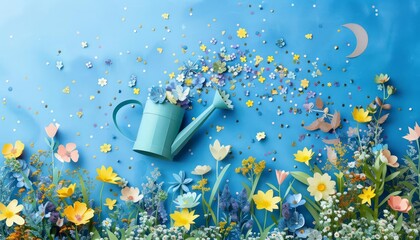 A whimsical papercut garden unfolds A papercut watering can, crafted from a pale blue paper scrap, spills a cascade of glittery confetti, representing refreshing rain Papercut flowers of all colors, t - obrazy, fototapety, plakaty