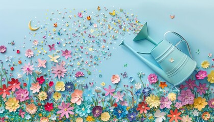 A whimsical papercut garden unfolds A papercut watering can, crafted from a pale blue paper scrap, spills a cascade of glittery confetti, representing refreshing rain Papercut flowers of all colors, t