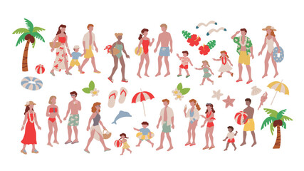 Hand-drawn vector illustration set of a family enjoying a summer resort, and a couple enjoying the sea and pool. サマーリゾートを楽しむ家族、パラソル、海やプールを楽しむカップル、椰子の木の手描きベクターイラストセット