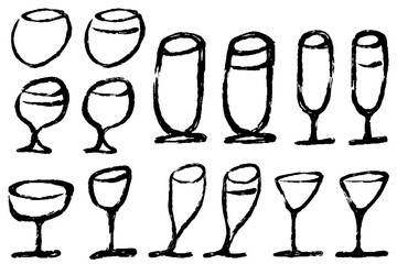 筆で描いた様々な形のグラスのイラストセット