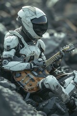 Futuristic robot playing electric guitar on rocky terrain
