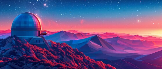 Stylized vector illustration of a mountaintop observatory at night, starry sky, with a focus on geometric forms and gradient skies - obrazy, fototapety, plakaty