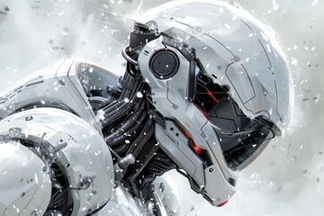 Futuristic cyborg portrait in snowfall
