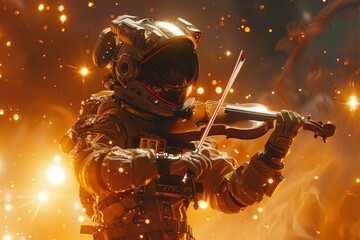 Astronaut performing violin in space ambience