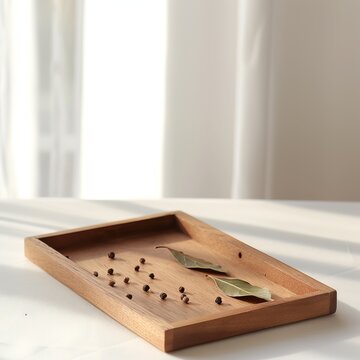 A wooden tray with a few bay leaves and peppercorns on it.