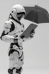 Fototapeta premium Futuristic robot holding umbrella and smart device