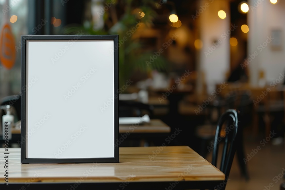 Wall mural Promotion product concept displayed on a white mockup poster with a black frame in front of a blurred cafe background