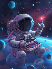 Cosmic typist - astronaut with vintage typewriter in space - obrazy, fototapety, plakaty