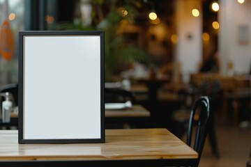 Promotion product concept displayed on a white mockup poster with a black frame in front of a blurred cafe background