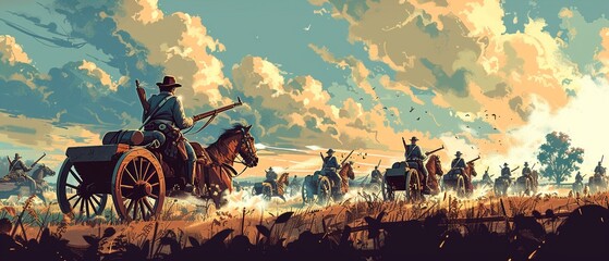 Detailed vector illustration of a historical battlefield reenactment, with soldiers in period uniforms, cannons, and a sense of dynamic action and historical accuracy