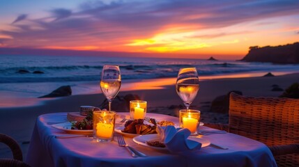 A romantic beachfront dinner setting with candles and wine, overlooking the Pacific Ocean as the sun dips below the horizon.