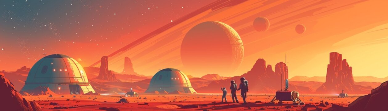 Futuristic of a space colony on Mars, with domed habitats, rovers, and astronauts exploring the landscape