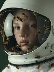 ward-winning, not from this world, decaying space, a modern boy in a minimal glossy white space suit with space helmet, lots of bees all over her face , bees are