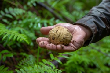 Fototapeta premium Rare white truffle mushroom found in forest held in hand