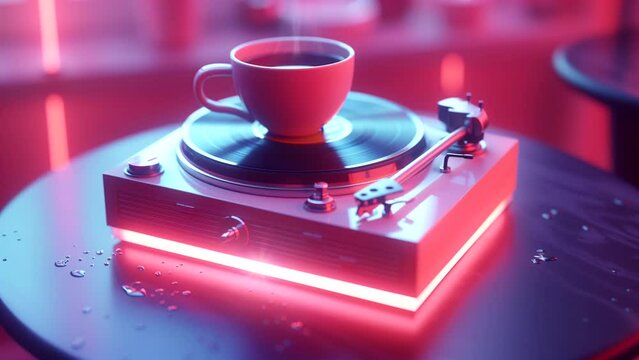Listening to music while enjoying warm coffee, world music day concept. seamless looping 4k time-lapse animation video background