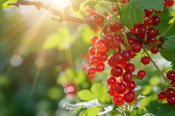 Red currant berries grow on a bush in the sunny garden