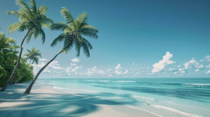 A serene beach with palm trees swaying in the breeze, overlooking the vast expanse of the Pacific Ocean under a clear blue sky.