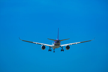 Airplane flying in the sky preparing to land at the airport. Air travel and traveling abroad
