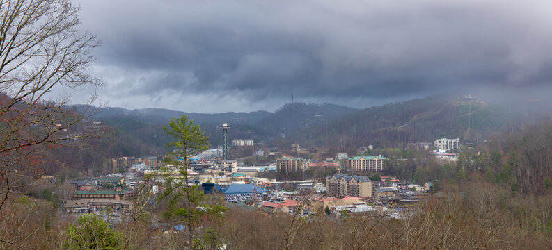 Gatlinburg Tennessee in the Smokey Mountains in an overview on a cloudy spring day.