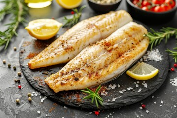 Spiced and lemony baked white fish fillet Pangasius on a stone backdrop