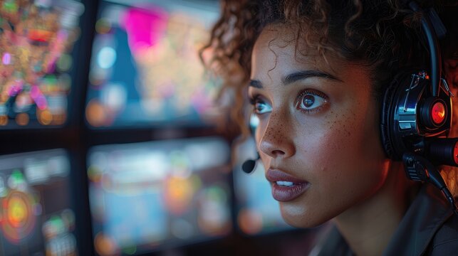 a united states emergency services call dispatcher speaking into their headset and with tracking maps on the screens,art image