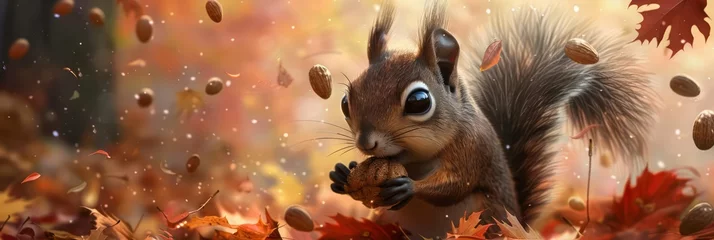 Fotobehang In a cozy backyard, a squirrel with oversized eyes delicately holds a nut bar, nibbling it with gusto as autumn leaves swirl around © Sweettymojidesign