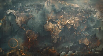 Dark world map with fading greenery, replaced by sprawling urbanization and industrial wastelands, - Powered by Adobe