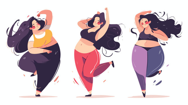 Set of cute plus size curved women doing fitness ex