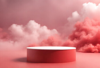 Pink smoke backdrop behind a round table, ideal for product presentations.