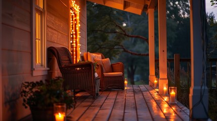 Inviting porch illuminated by warm lights at twilight, the perfect cozy nook for a relaxing night - obrazy, fototapety, plakaty