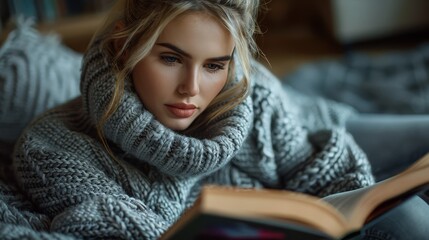 free time - close-up of woman in warm sweater reading book at home