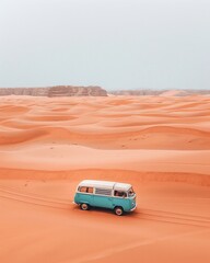 Lone van traveling through the desert, capturing the essence of adventure and the spirit of nomadic travel