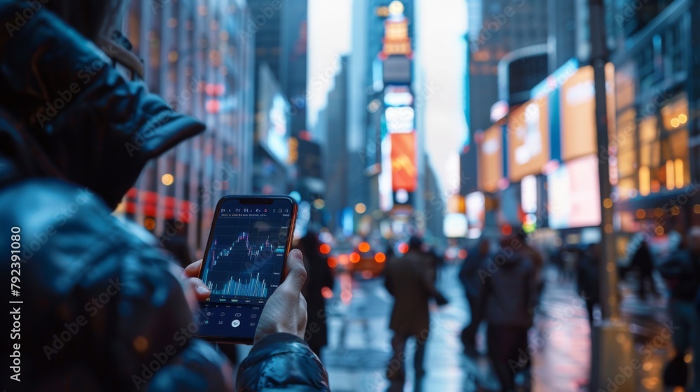 Aufkleber a smartphone displaying real-time stock quotes in a busy city setting