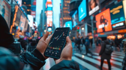 A smartphone displaying real-time stock quotes in a busy city setting