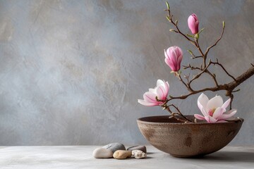 Spring ikebana floral arrangement with magnolia and plum branch flowers in a brown bowl on a grey...