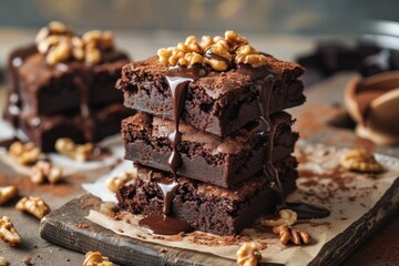 Stack of chocolate walnut brownie cakes with melted chocolate topping