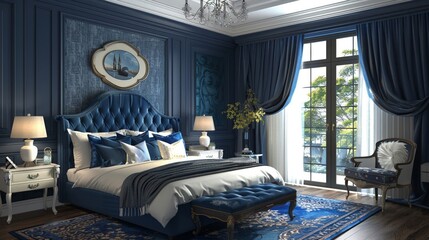 Luxurious bedroom in modern style with rich blue decor, providing an elegant and tranquil escape - obrazy, fototapety, plakaty