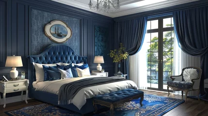 Foto op Plexiglas Luxurious bedroom in modern style with rich blue decor, providing an elegant and tranquil escape © Chanoknan