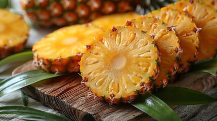 Pineapple slices with leaves, pineapple split, cut pineapple