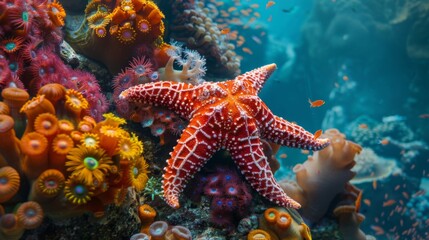 A starfish clinging to a vibrant coral formation, adding pops of color to the reef